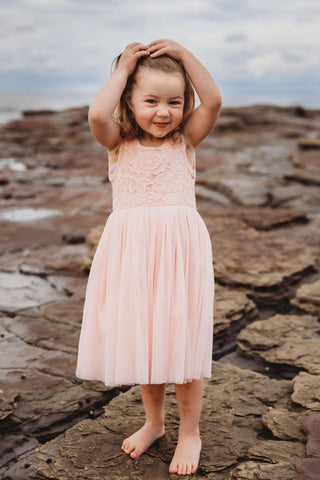 Arabella and Rose Dusty Rose French Chloe Sleeveless Dress - Scalloped Lace Bodice Dress for Girls Australia - Girl Dresses For Hire Australia - Flower Girl Dress Australia