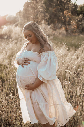 Plus-size maternity dress hire - Bird and Kite Isabella Dress in Rose Milk, size XL fits AUS 14-20.