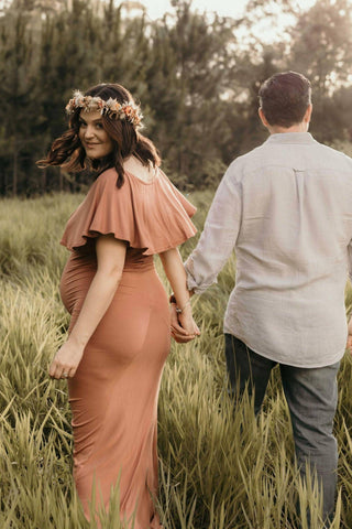 Versatile Styling Maternity Dress Hire Australia: Bloom Maternity Monaco Off The Shoulder Maxi - strapless or one-shouldered looks Maternity Gown