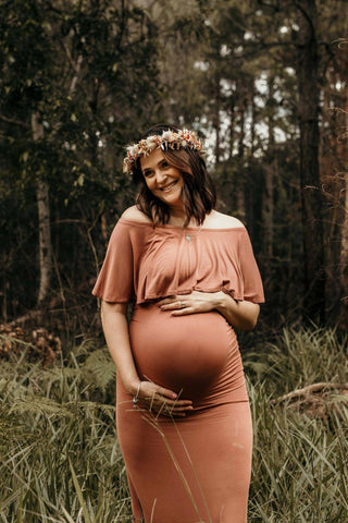 Bamboo Jersey Soft and Stretchy Fit Maternity Dress Hire Australia: Bloom Maternity Monaco Off The Shoulder Maxi