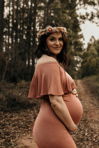 Bloom Maternity Monaco Off The Shoulder Maxi - Copper Maternity Dress Hire - Light Rust Coloured Maternity Dress Hire