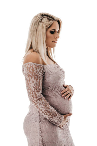 Stretchy Lace Maternity Dress Hire Australia - Celine Fitted Lace Maternity Maxi - Light Lilac - Curve-Enhancing Look Maternity Dress Hire - Show off your curves Maternity Maxi Gown