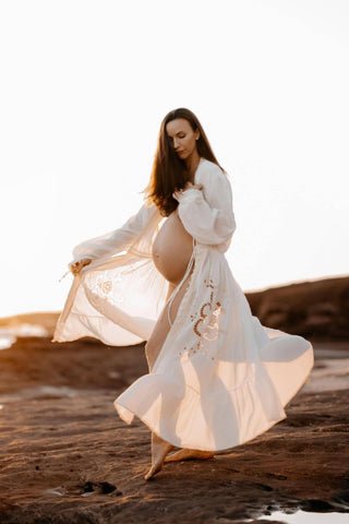 Maternity Dress Hire - Chasing Unicorns Entering The Dreamland kimono - Exquisite embroidered cut-out work with cream floral panels. Versatile as a dress or kimono.