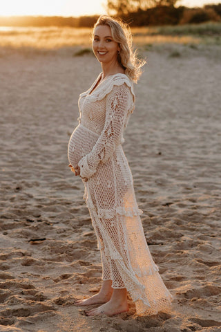 Maternity Dress Hire - Chasing Unicorns Wishing You Were Here Crochet Maxi - Exquisite hand crocheted gown, elegant 1970s inspired shape, perfect for maternity and beyond.