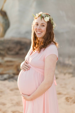 Chelsea Cotton Maxi - Blush Pink - For Sale: V-Neckline Maternity Dress - Baby Shower Dress Australia - Silky and Breathable Maternity Dress Australia - Maternity Photoshoot Dress Australia - Maternity Dress with adjustable back tie - Bump Friendly Dress Australia - Size L Maternity Dress