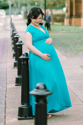 Chelsea Cotton Maternity Maxi Dress - Teal: V-Neckline Maternity Dress Hire - Baby Shower Dress Hire Australia
