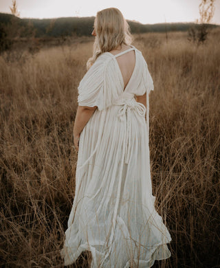 Flattering Deep V-Neck and V-Back Maternity Dress Hire - Chic Le Frique Ophelia Maxi Dress - Bone