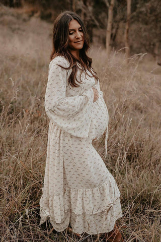 Co & Ry Audrey Dress for Maternity Dress Hire - Vintage Inspired, Drawstring Waist, 70's Bell Sleeves