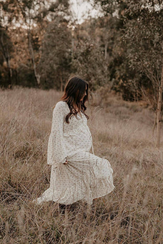 Oversized Maternity Dress - Co & Ry Audrey Dress for Hire, Gold Beaded Drawstring Waist