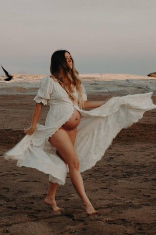 Maternity Dress Hire - Co and Ry Dawn Dress, Beautiful Warm Sand Colour, Elasticated Sleeve Cuffs