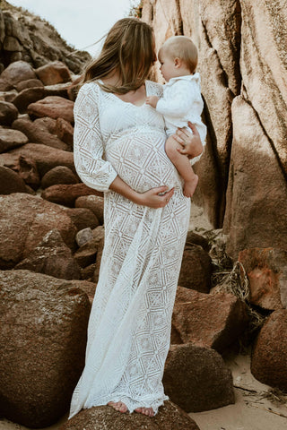 Co and Ry Harriet Maternity Dress Hire - Sheer Lace Gown - Ideal for Pregnant and Postpartum Mums