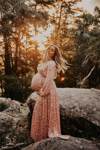 Peach Floral Maternity Dress Hire - Coven & Co Posie Gown - Available in all sizes from XS to XL, perfect for maternity and beyond.