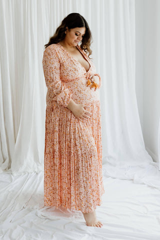 Peach Floral Maternity Dress Hire - Coven & Co Posie Gown, perfect for plus-size ladies, Available in size XL