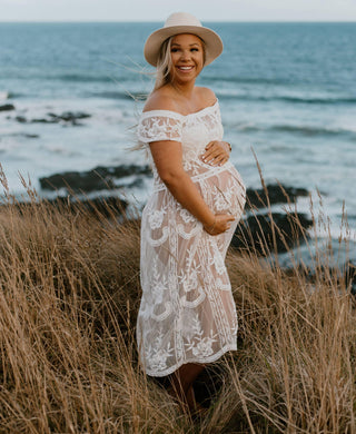 Sheer Ivory Lace Maternity Dress Hire - Coven & Co Raven Cold Shoulder Dress