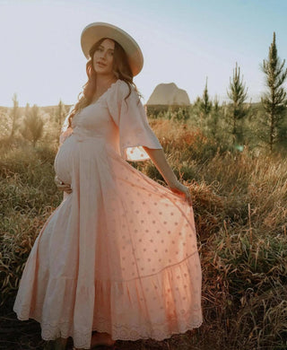 Maternity Dress Hire Australia - Coven & Co Starlight Gown - Pink - Sweetheart Neckline & Long Sleeves - Voluminous Flowing Skirt - Bump Friendly & Non-Maternity