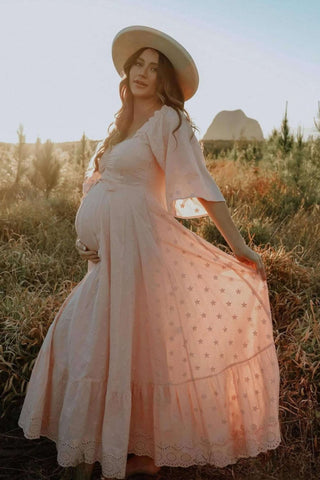 Maternity Dress Hire Australia - Coven & Co Starlight Gown - Pink - Sweetheart Neckline & Long Sleeves - Voluminous Flowing Skirt - Bump Friendly & Non-Maternity
