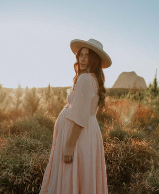 Bump-Friendly Maternity Dress Hire - Coven & Co Starlight Gown - Pink - Drawstring Waist & Shirred Back - Side Zipper - Perfect Fit - Size S (Aus 6-12)