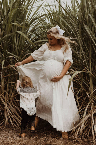 Maternity Dress Hire Australia - Coven & Co Starlight Gown - White - Sweetheart Neckline & Long Sleeves - Voluminous Flowing Skirt - Bump Friendly & Non-Maternity