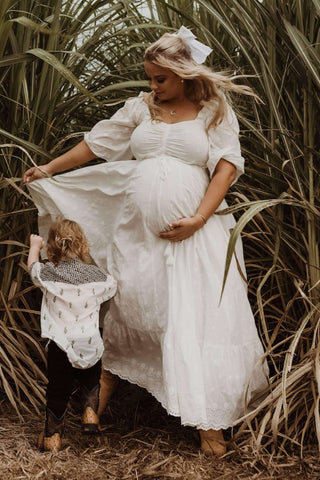 Bump-Friendly and Versatile Maternity Dress Hire - Coven & Co Starlight Gown - White - Sweetheart Neckline - Available in sizes S, L & XL