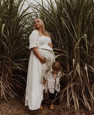 Feminine Beauty Maternity Dress Hire - Coven & Co Starlight Gown - White - Star Embroideries - Fully Lined