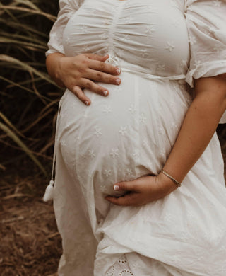 Bump-Friendly Maternity Dress Hire - Coven & Co Starlight Gown - White - Drawstring Waist & Shirred Back - With Side Zipper