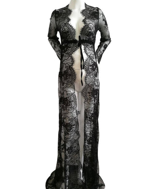 Maternity Dress Hire - Eve Lace Kimono - Black - Made of Stretchy Lace with Chiffon Waist Tie