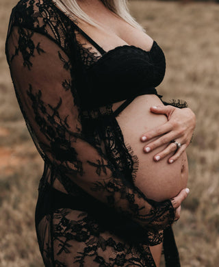 Elegant Maternity Dress Hire - Eve Lace Kimono - Black - With Loose Chiffon Tie