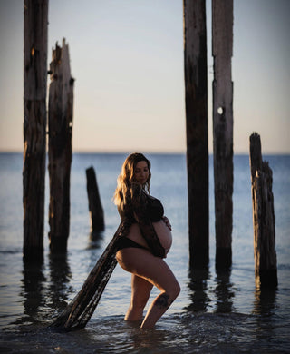 Capture Pregnancy Curves in a Stunning Lace Robe - Eve Lace Kimono - Black with Loose Chiffon Tie - Maternity Dress Hire