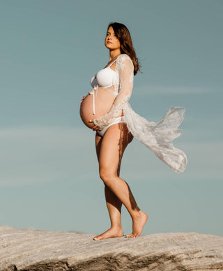 Elegant Maternity Dress Hire - Eve Lace Kimono - White - With Loose Chiffon Tie