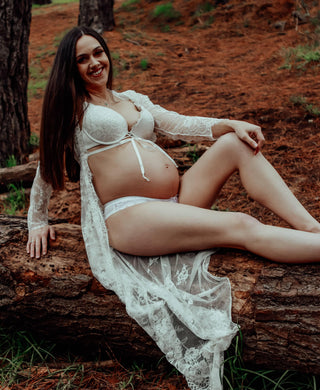 Capture Pregnancy Curves in a Stunning Lace Robe - Eve Lace Kimono - White with Loose Chiffon Tie - Maternity Dress Hire
