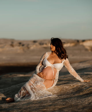 Capture Pregnancy Curves in a Stunning Lace Robe - Eve Lace Kimono - White with Loose Chiffon Tie - Maternity Dress Hire