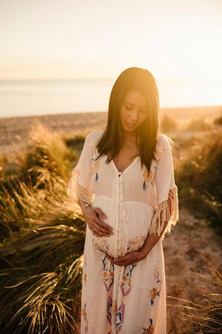 Fillyboo Bojangles Maxi Dress: Macramé Fringe Sleeves Maternity Gown Australia - Maternity Dress Hire