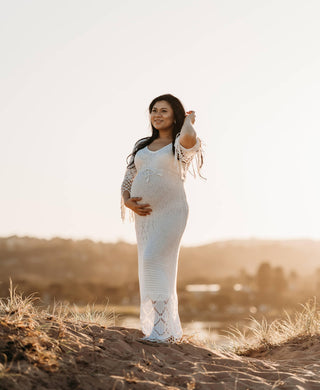 Tassel Detail Maternity Dress Hire - Fillyboo Brooke Crochet Maternity Maxi Dress