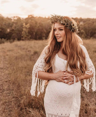 Bump-friendly maternity dress hire - Fillyboo Brooke Crochet Maternity Maxi Dress for photo shoots and baby showers.