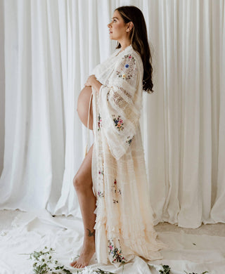 Elegant and Bump Friendly Maternity Dress Hire - Fillyboo Charm Your Way Embroidered Maxi Dress- Rosey Tea