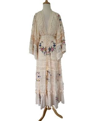 Ecru Textured Cotton Maternity Dress Hire - Folk-Inspired Design - Fillyboo Charm Your Way Embroidered Maxi Dress- Rosey Tea