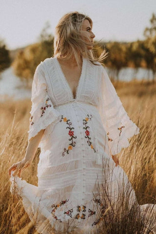 Boho Magic Maternity Dress Hire - Fillyboo Charm Your Way Embroidered Maxi Dress - White