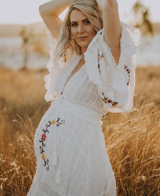 Handcrafted Embroidery Maternity Dress Hire - Fillyboo Charm Your Way Embroidered Maxi Dress - White