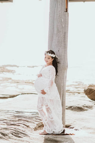 Feminine Maternity Dress Hire - Fleur Ivory Lace Maxi, Romantic Crochet Embroidery