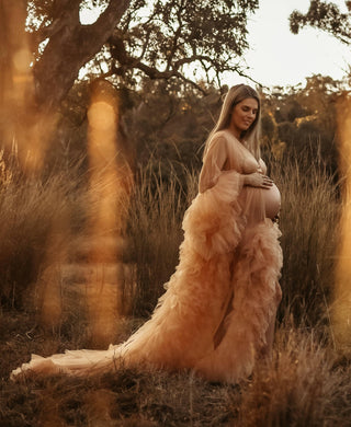 Capture stunning photos with this romantic maternity dress hire - Gigi Tulle Robe - Beige - Maternity Photoshoot Robe