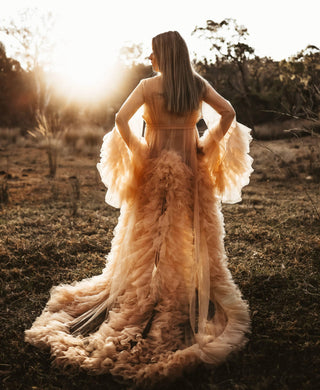 Gigi Tulle Robe - Beige - Maternity Photoshoot Robe for Maternity and Beyond Maternity Dress Hire