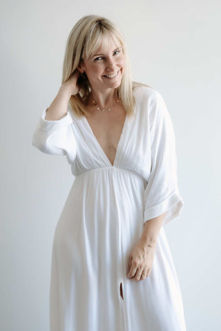 White V-neckline photoshoot dress hire