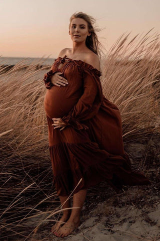 Maternity Dress Hire - Hazel & Folk Emmaline Maxi Gown - Cinnamon - Vintage Inspired - Ruffle Tiered Skirt - Billow Sleeves - Elastic Cuffs