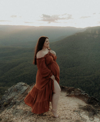 Rent Hazel & Folk Emmaline Maxi Gown - Cinnamon - Vintage Inspired - Light Rust Color - Sheer Dress - Nude Strapless Slip Recommended - Maternity Dress Hire
