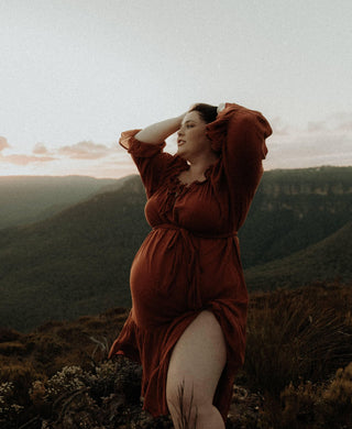 Hazel & Folk Emmaline Maxi Gown - Cinnamon - One Size Hire - Vintage Style - Light Rust Color - 100% Cotton - Nude Strapless Slip Recommended