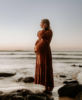 Maternity Dress Hire - Hazel & Folk Emmaline Maxi Gown - Cinnamon - Ruffle Tiered Skirt