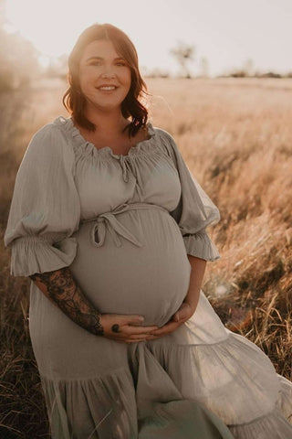 Maternity Dress Hire - Hazel & Folk Emmaline Maxi Gown - Sage - Vintage Inspired - Ruffle Tiered Skirt - Billow Sleeves - Elastic Cuffs