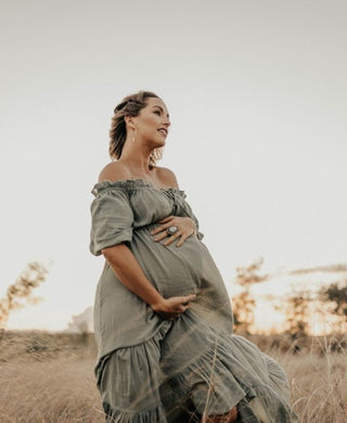 Rent Hazel & Folk Emmaline Maxi Gown - Sage - Vintage Inspired - Light Rust Color - Sheer Dress - Nude Strapless Slip Recommended - Maternity Dress Hire