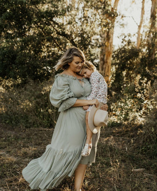 Capture stunning photos with this romantic maternity dress hire - Hazel & Folk Emmaline Maxi Gown - Sage