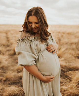 Maternity Dress Hire - Hazel & Folk Emmaline Maxi Gown - Sage - Capture stunning photos - Hire now for maternity and beyond!